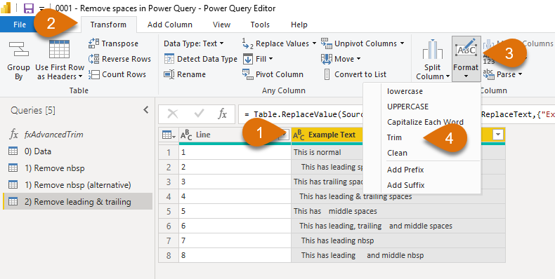Trim leading and trailing spaces in Power Query